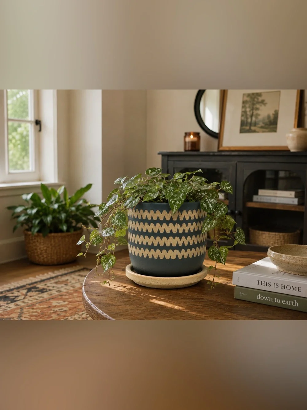 Dark Green Ceramic Planter with Attached Saucer & Drainage Hole